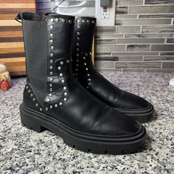 Zara Black Studded Chunky Comfort Lug Sole Vegan Leather Chelsea Ankle Boot 38